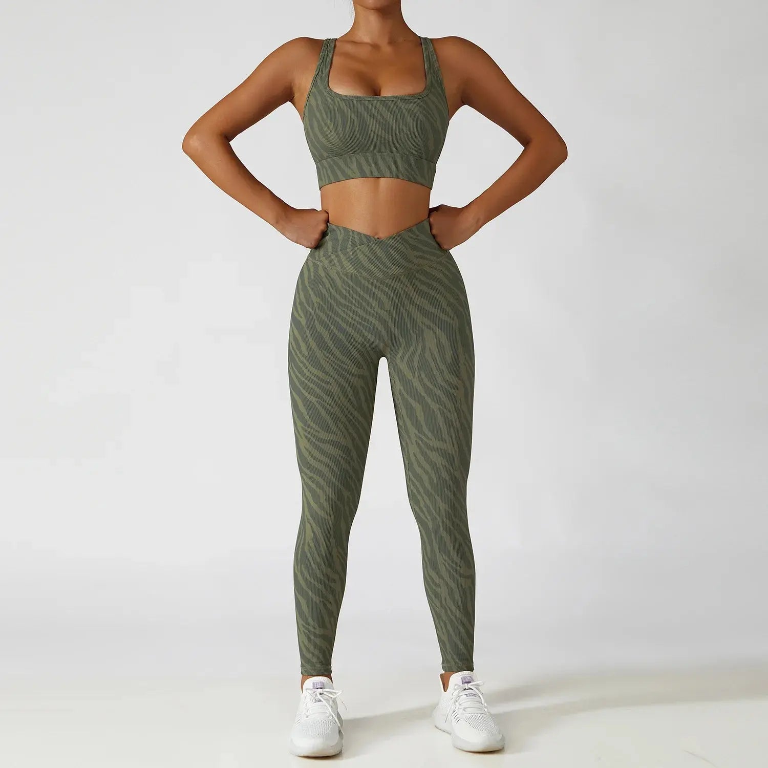 Ensemble de Yoga 2 Pièces Imprimé Léopard à Côtes pour Femme
