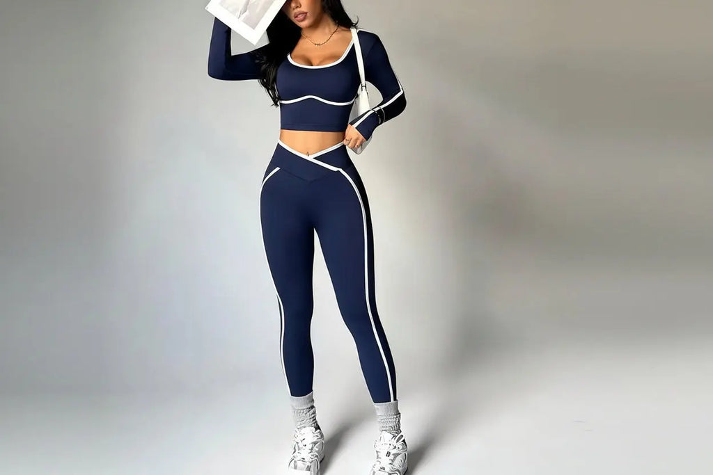 Ensemble Sport Femme 2 Pièces - Haut à Manches Longues Col Halter et Legging Taille Haute Contraste - tz4218