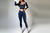 Ensemble Sport Femme 2 Pièces - Haut à Manches Longues Col Halter et Legging Taille Haute Contraste - tz4218