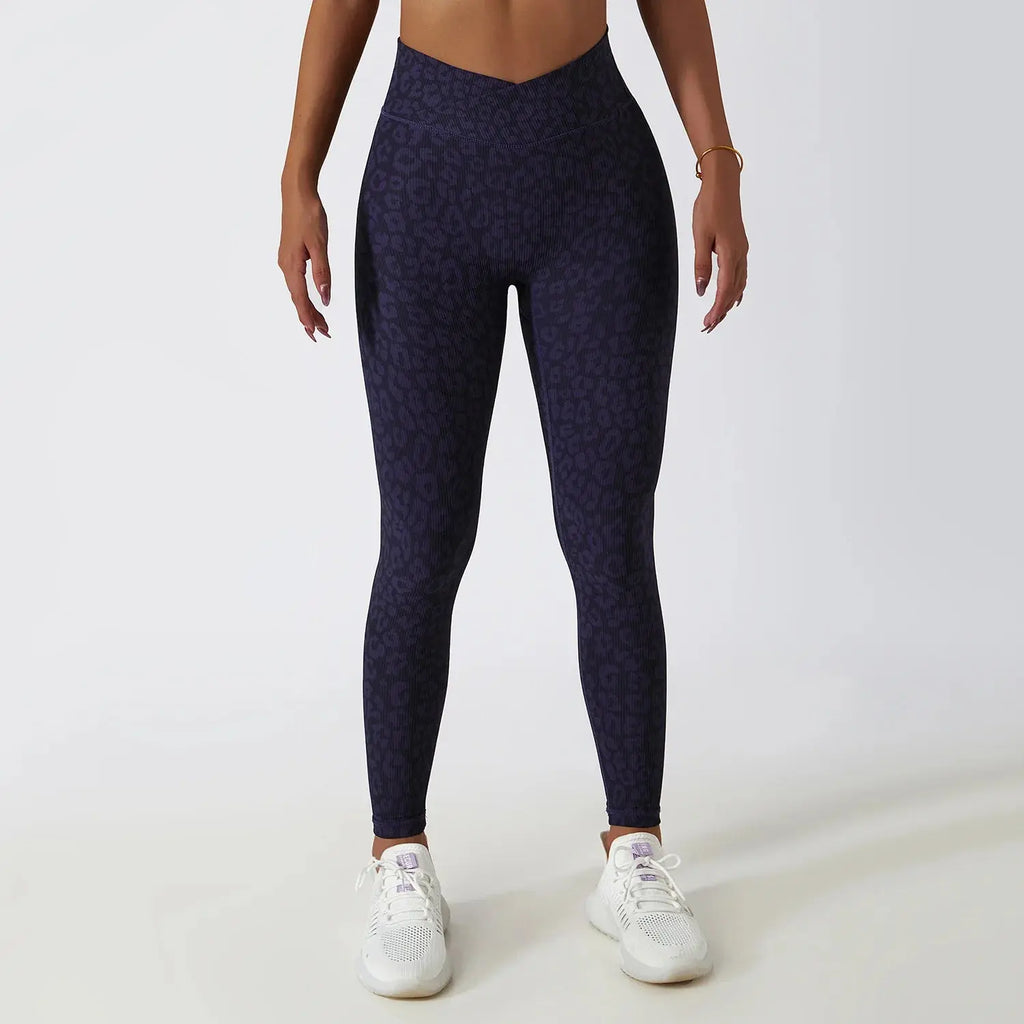 Ensemble de Yoga 2 Pièces Imprimé Léopard à Côtes pour Femme