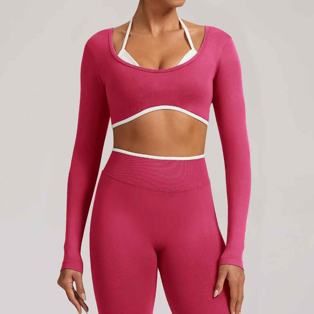 Ensemble Yoga Femme 2 Pièces Sans Couture - Legging Taille Haute et Soutien-Gorge Color Block