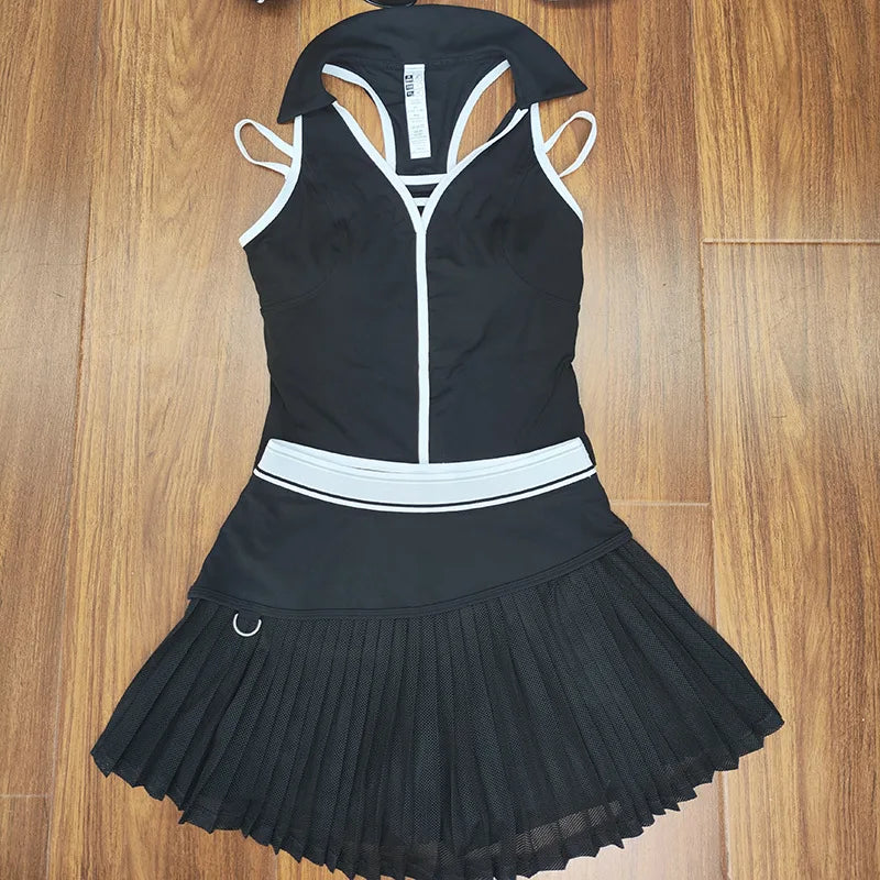 Ensemble Tennis Femme 2 Pièces Col V Sans Manches Color Block - sx