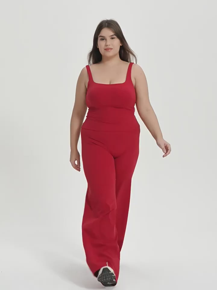 Ensemble Fitness Femme Grande Taille Col Carré - Haut Sans Manches et Pantalon Évasé
