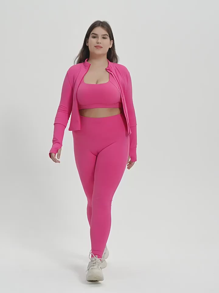Ensemble Fitness Femme Grande Taille 3 Pièces - Soutien-Gorge, Legging et Veste